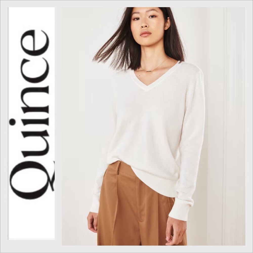 Quince Mongolian Cashmere V-Neck Sweater ivory M
